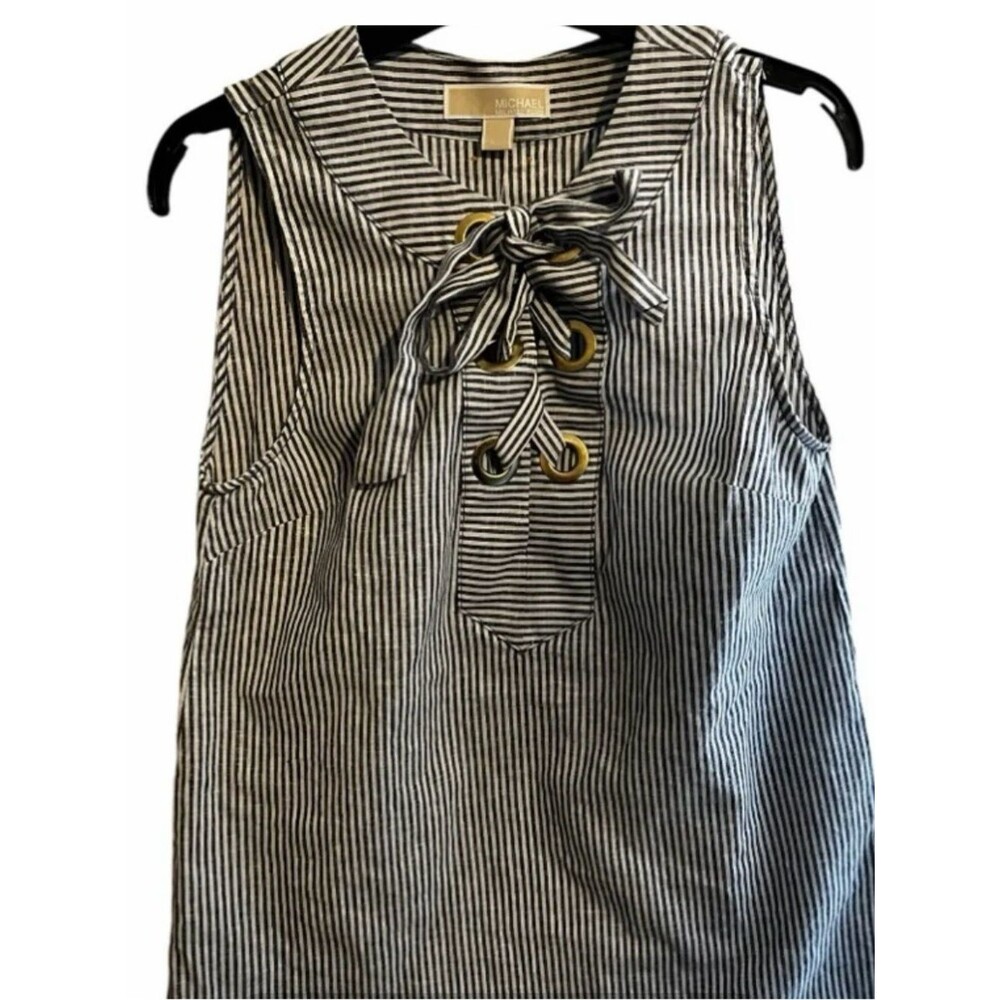 Michael Kors Navy and White Striped tie Top